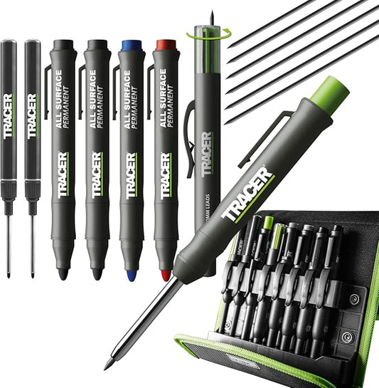 Tracer 8 Piece Construction Marker Kit - Deep Hole Carpenter Pencil Set, 2 Deep Hole Marking Pen, and Four Heavy Duty Clog-Free Markers, 2.8mm Replacement Leads & Storage Case for Woodworking Tools