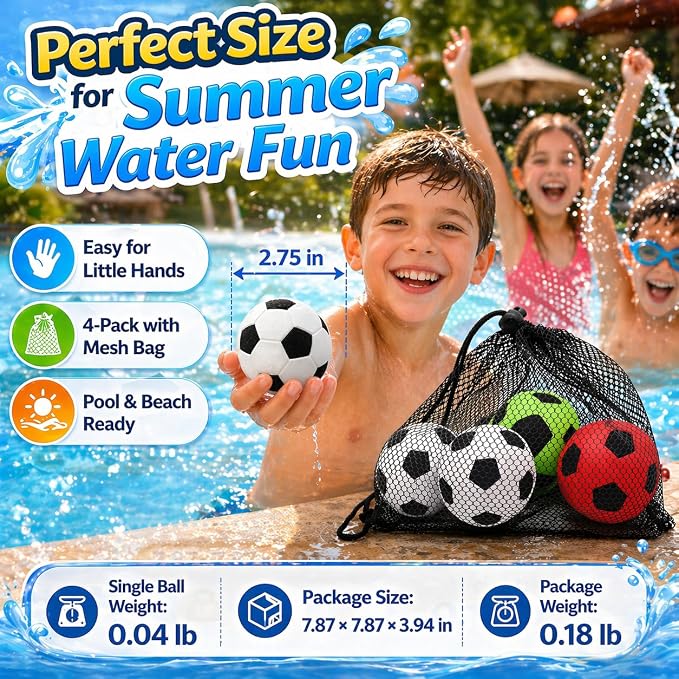 JICUICUI Reusable Pool Balls 4 Pack, Reusable Soccer Water Balls, Summer Beach and Water Toys, Pool Toys for Kids Ages 4-8, 8-12 and Adults Boys and Girls