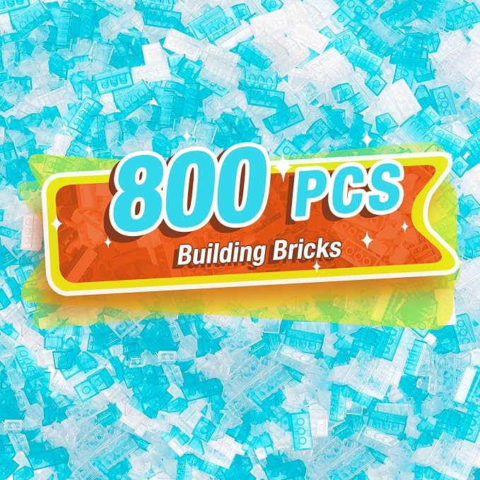 800 Pieces Building Bricks, 5 Sizes Building Pieces, Classic Slope Block Bulks - Compatible with All Major Brands, Transparent Blue/White
