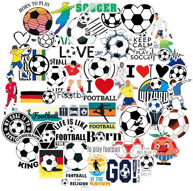 QTL Soccer Stickers for Kids Boys, Soccer Party Supplies, Waterproof Vinyl Stickers for Water Bottle and Laptop, 50PCS