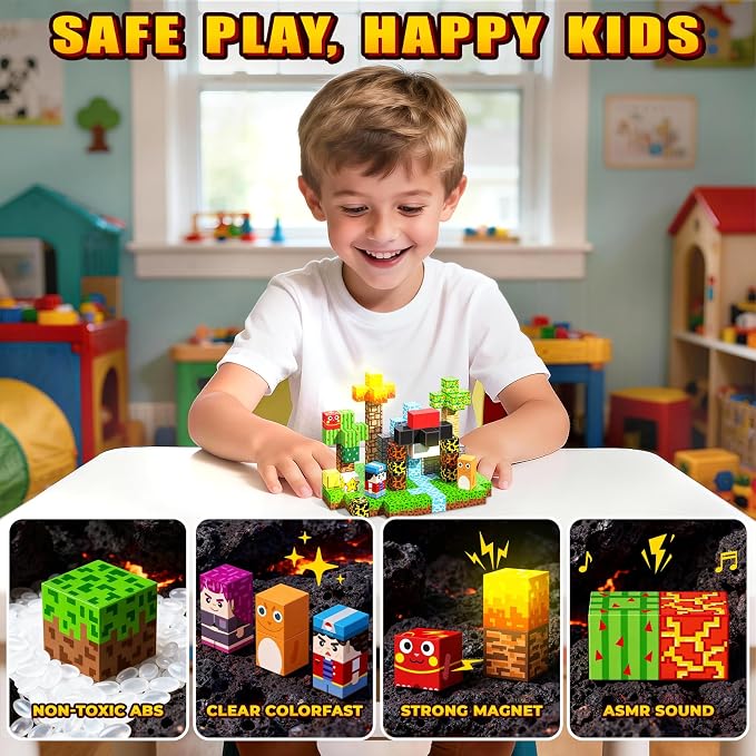 Light Up 208PCS Magnetic Blocks, Magnetic Building Blocks Light Up, Stacking Magnets for Kids, Sensory Toy for STEM Constructions Magnet Blocks for Boys Girls Age 3+, Birthday Gifts