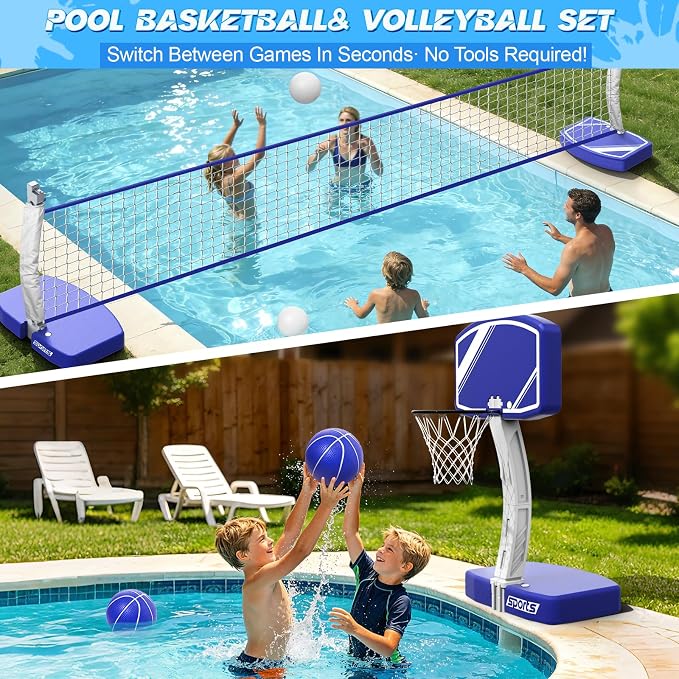 Pool Volleyball Net&Pool Basketball Hoop 2 in 1,Pool Toys Basketball Game with Weighted Base&Stand,2 Water Volleyball&2 Basketball and Pump,Summer Outdoor Family Party Pool Games for Kids Adults