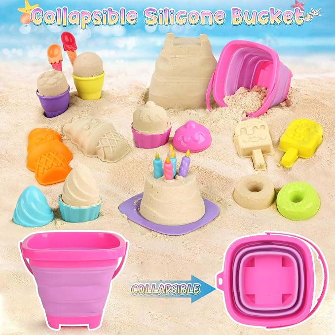 Dreamon Collapsible Beach Toys Set for Kids 3-10, Collapsible Sand Bucket Shovels Set with Mesh Bag and Beach Molds, Ice Cream Sand Toys for Beach, Sandbox Travel Toys for Kids Toddlers Girls