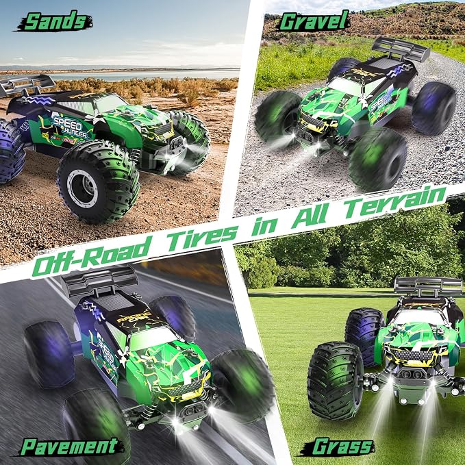 Remote Control Car RC Cars All Terrain Monster Truck, Outdoor 2WD Off Road Hobby RC Truck with 2 Rechargeable Batteries and Colorful Light, 20Km/h Fast RC Car Toys Gift for Kids Boys