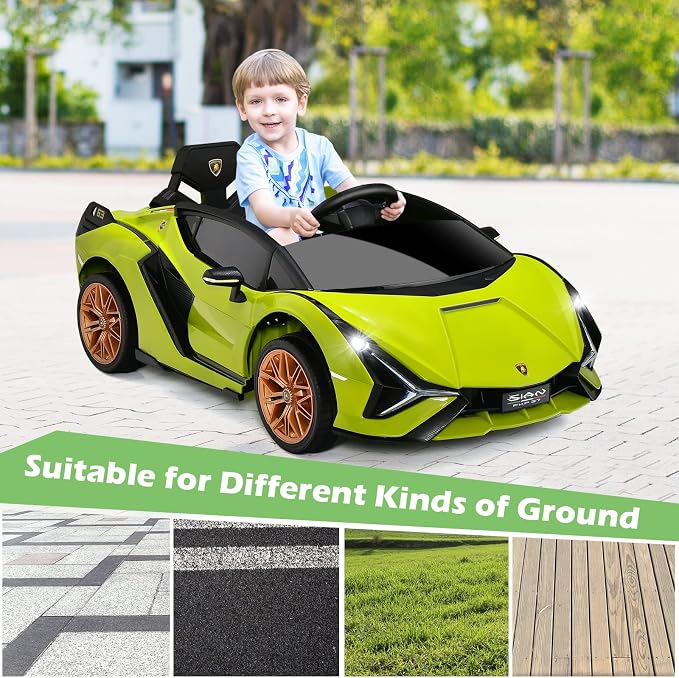 INFANS 12V Licensed Lamborghini Sian Kids Ride On Car with Parent Remote Control, Spring Suspension, MP3 Player, Electric Toy Roadster Carbon Fiber Textured for Toddler (Green)