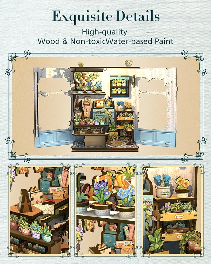 Cutefun Book Nook Kit - DIY Miniature Flower Shop Dollhouse Kit for Adults and Teens, 3D Wooden Puzzle Bookshelf Insert Decor with LED Light, Gifts for Book Lovers and Beginners (Anna's Blue Blossom)