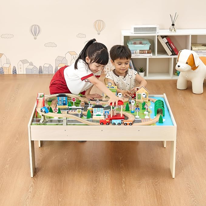 VEVOR Train Table, 84 Multicolor Pieces Wooden Kids Activity Table with Collapsible Storage Bin, 3-in-1 Wooden Train Set for Gaming, Drawing, Reading, Eating, Creative Toy Set for Kids Ages 3+