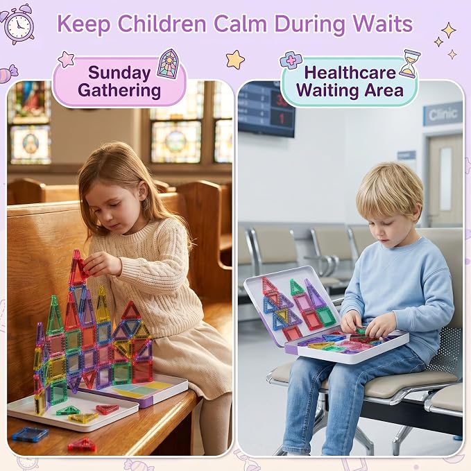 Magnetic Tiles for Kids Travel: 40pcs Portable Mini Building Toy - 30-Sec Iron Case Opens Into 10.6-Inch Play Board - STEM Gift for Toddlers Ages 3-6 - Airplane Road Trip Restaurant