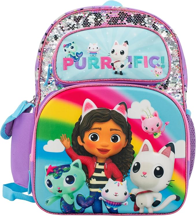 AI ACCESSORY INNOVATIONS Gabby’s Dollhouse Backpack for Girls, 16 Inch School Bag with Flip Sequins & 3D Molded Front Pocket, Purple