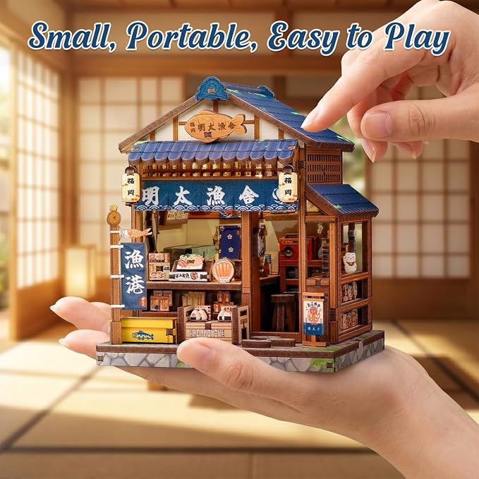 Cutefun DIY Miniature House Kit, 129 Pcs 3D Wooden Puzzle Tiny House Mini House Building Kit for Beginner & Teens, Palm-Sized Japanese Booknook Dollhouse for Bookshelf Decor (Fukuoka Mentaiko Kitchen)