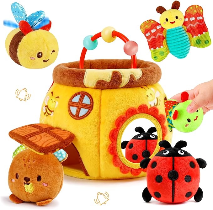 Baby Toys 6-12 Months - Soft Beehive with 5 Stuffed Animals, Rattle, Crinkle, Mirror, Montessori Sensory Toys for Babies 6 7 8 9 10 Month Old Boy Girl 1 Year Old Birthday Shower Gifts Toddler Ages 0-2