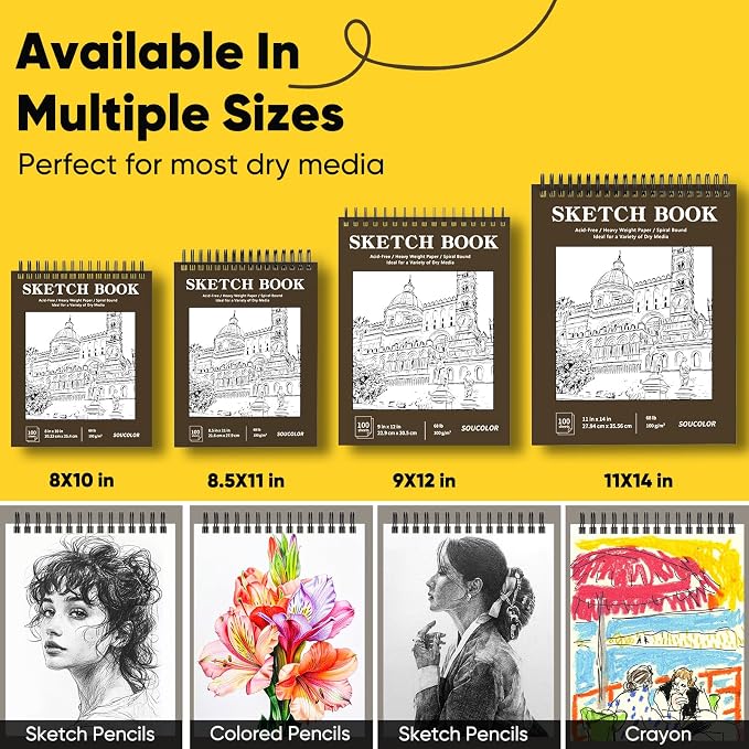 Soucolor 8" x 10" Sketch Book, 100 Sheets (68lb/100gsm) Acid-Free Drawing Paper, Spiral Bound Sketch Pad for Artist Adults Teens Kids, Art Supplies for Drawing Painting, Gift for Kids