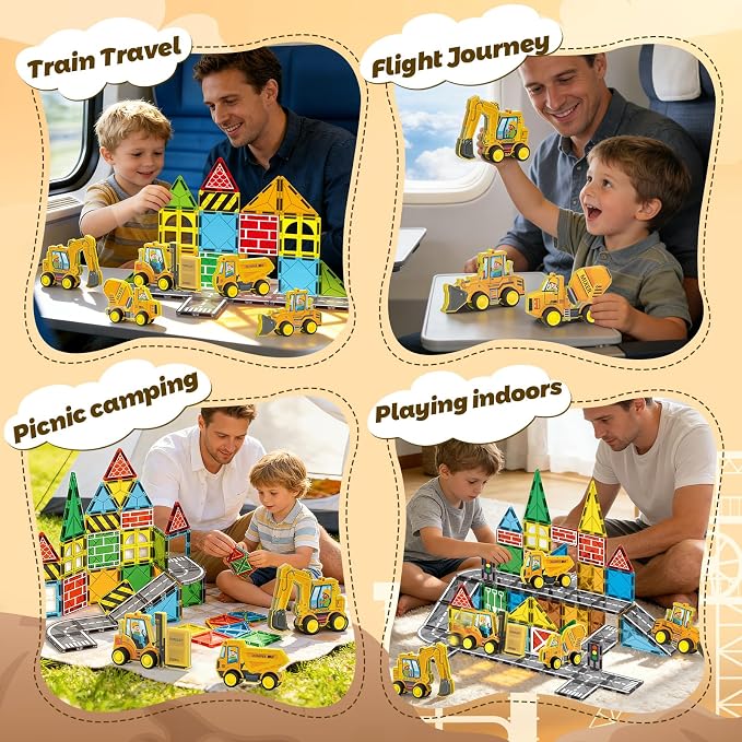 3D Construction Vehicle Toys for Kids Magnetic Tiles & Blocks, 5pcs Preschool STEM Educational Learning Toys Inc Excavator Bulldozer Forklift Dump Truck Digger Compat Magnet Tiles