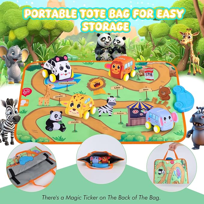 Jetbotell Soft Pull Back Vehicle & Music Mat Set for Toddler Toys 1-3 | New Interactive Mode | 4 Cute Animal Cars | Touch Play Blanket | 3 Nursery Rhyme | 8 Animal Finding Problems | Safe Portable