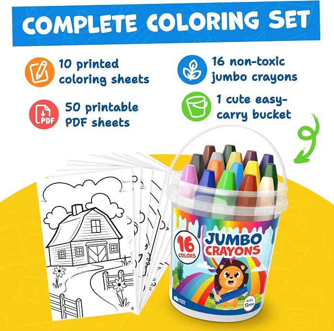 Jumbo Crayons For Toddlers 1-3 - 16pc Toddler Crayons For Kids Ages 4-8 1-3 2-4 - With Printed & PDF Crayon Color Sheets - Non Toxic, Washable, Large & Easy To Grip - Toddler Coloring Art Supplies