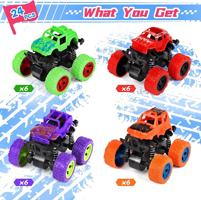 24 Pcs Gift Monster Truck Toys Bulk with Cards for Kids Push and Go Vehicles Pull Back Cars Party Favors School Gifts Exchange Classroom Prizes for Boys Girls