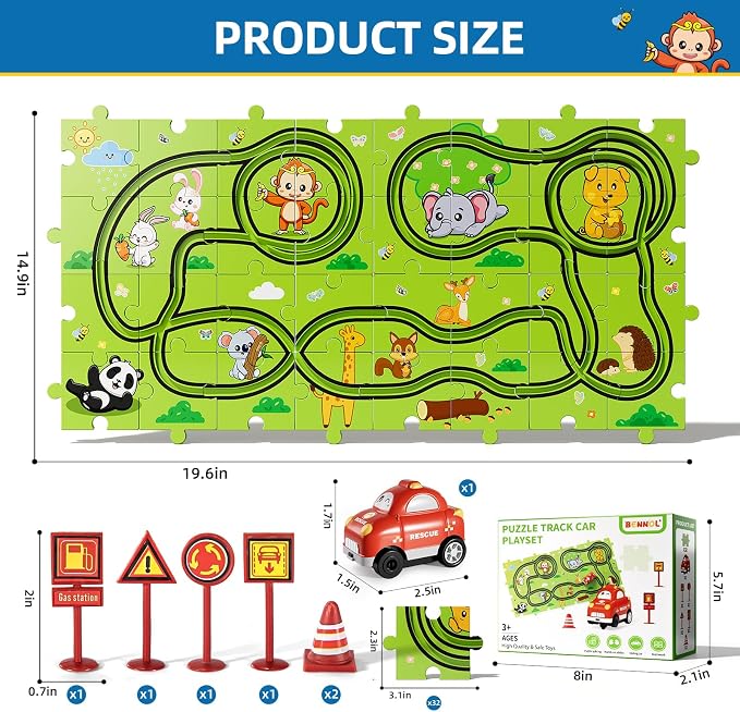 Bennol 39PCS Puzzles Race Tracks Car Toys for 1 2 3 4 5 Year Old Boys Toddlers, Cars Gifts Puzzle Set with Race Track, Toddler Car Toy Set for Kids Boys Girls