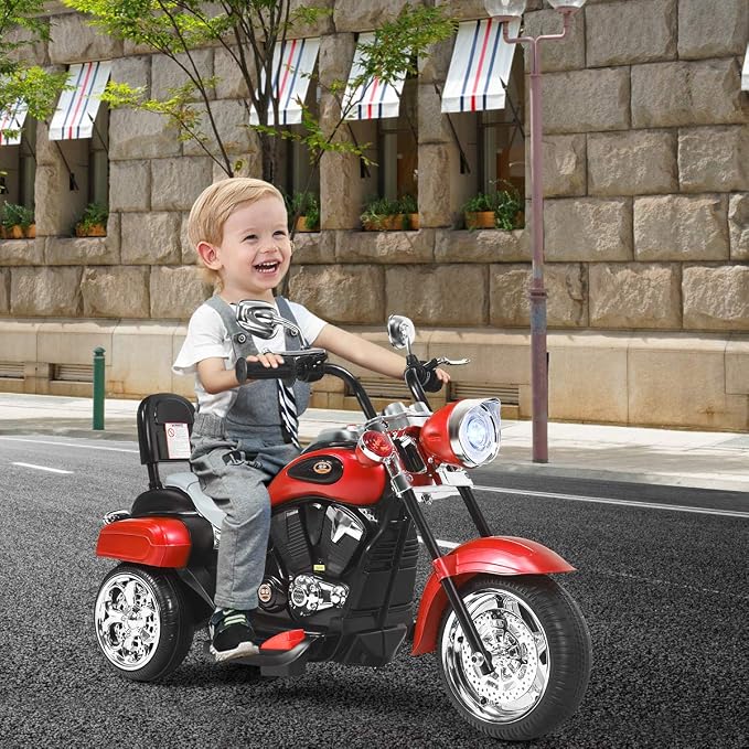 Costzon Kids Motorcycle, 6V Battery Powered Ride on Chopper Motorcycle w/Horn, Headlight, 3-Wheel Stable Ride on Toys, Electric Toddler Motorcycle for Kids Boys Girls Gift (Red)