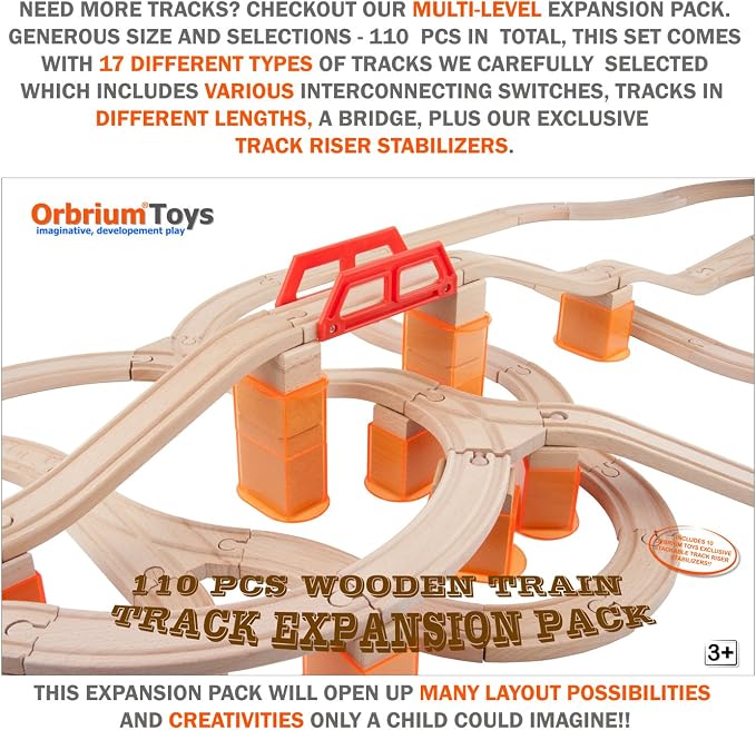 110 Pieces Wooden Train Tracks Expansion Pack with Bridges, Tunnel, Ascending Tracks, Accessories, Elevated Tracks, Toddler Boys Kids 3-8 Montessori STEM Gift Compatible Thomas, Brio Wooden Railways