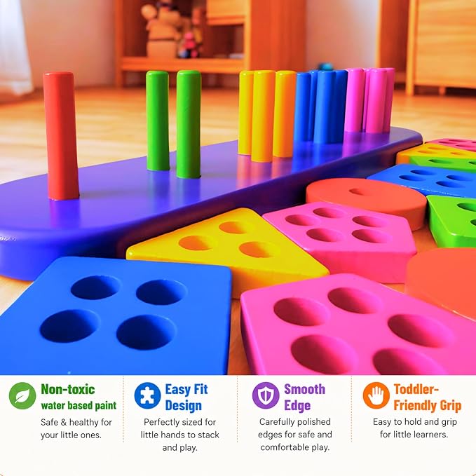 2-in-1 Wooden Shape Sorter & 58 Flash Cards Montessori Toy for Toddlers | Stacking & Sorting Toy for Boys & Girls, Color and Shape Matching Learning Puzzle for Ages 3+, Preschool Education