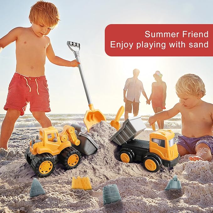 IOKUKI Long Shovel Sand Beach Toys with Big Excavator Toy, Dump Truck Toy, Construction Toys, Sand Castle Toys for Beach, Beach Rakes, Molds, Mesh Beach Bag for Kids, Toddlers, Boys & Girls (31 PCS)