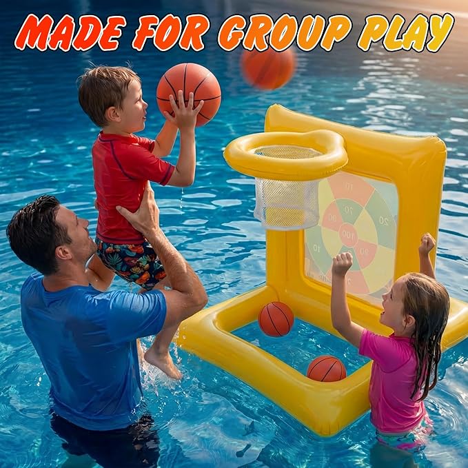 Pool Toys for Kids & Adults, 2-in-1 Pool Basketball and Dart Board Game Set, Family Summer Water Games for Kids Ages 6+ and Adults, Backyard Pool Party Games, Yellow