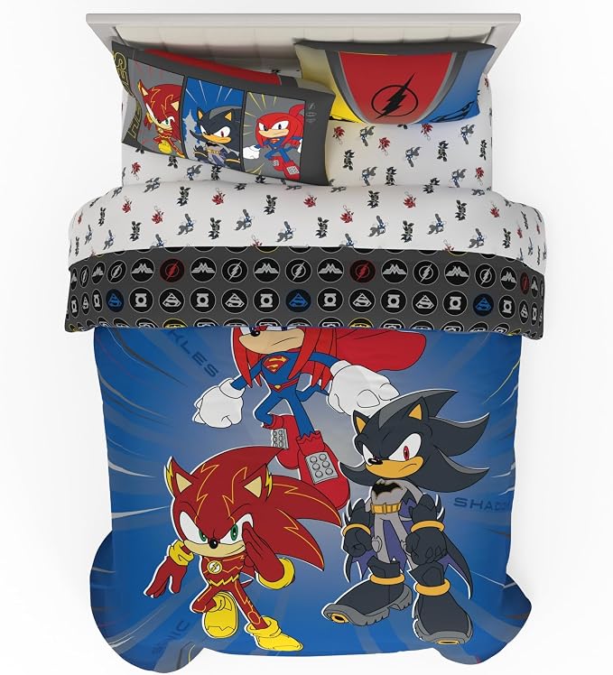 DC x Sonic The Hedgehog Kids Bedding Set, Full Size, 5-Piece Super Soft Cozy Reversible Comforter & Sheet Set (Officially Licensed Product) by Franco