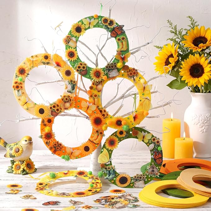 Wavwavw 704 Pcs Summer DIY Craft Kits Summer Wreath Hanging Ornaments Sunflower Craft Kit Wreath Arts Decorations with Butterflies House Boots Felt Stickers for Party Activities Home Decor