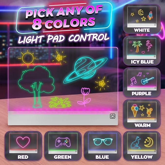 Upgraded 16 Inches LED Drawing Board – Rechargeable, 8 Colors, 11 Light Modes, Adjustable Brightness – Acrylic Light Board for Tracing with Stand, Markers and Full Kit – Birthday Gift Set (White)