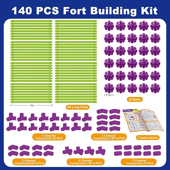 Glow in The Dark Fort Building Kit for Kids, 140 Pcs STEM Construction Toys for DIY Castles Tunnels Play Tent, Ultimate Creative Set, Christmas Birthday Gifts for 4-12 Years Old Boys and Girls
