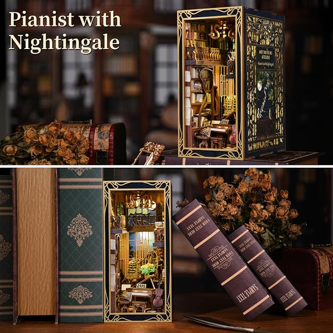 CCCDF Book Nook Kit, DIY Miniature Dollhouse Booknook Kit, 3D Wooden Puzzle Bookend Bookshelf Insert Decor with LED Light for Teens and Adults (Pianist with Nightingale)