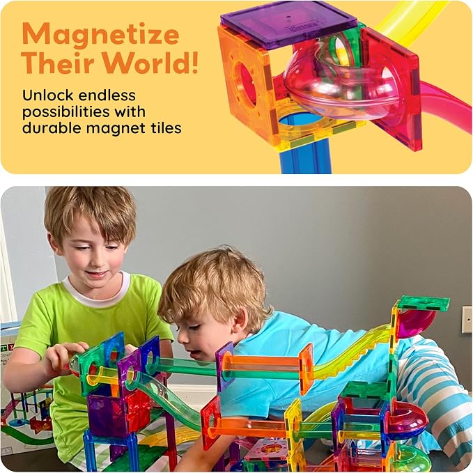 PicassoTiles 50pcs Magnetic Tiles Marble Run for Kids Race Track Toy Marble Maze Sensory Toys for Toddlers STEM Educational Set Magnet Building Blocks Construction Building Tiles Boys Girls 3+ PTG50