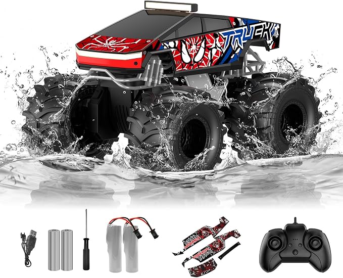 TOZDTO Remote Control Car, Amphibious Monster Truck Toys for Boys RC Cars, 2.4 GHz Waterproof RC Trucks, 1:18 4WD All Terrain Off-Road Pickup, Cool Christmas Birthday Ideas Gifts for Kids 6+ Year Old