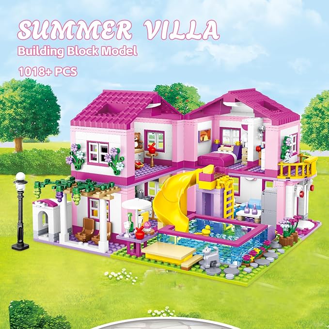 CSNRHG Pink Summer Pool Villa Building Block Set Friends Construction Educational Toy 1018 Pieces Gifts for Girls Teens Kids Adults Ages 6+