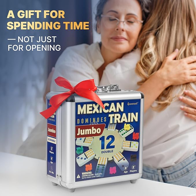 Queensell Mexican Train Dominoes Set with Jumbo Tiles – Double 12 Dominoes Set for Adults, 91 Tiles with Colorful Dots, Wooden Hub, Train & Aluminum Case