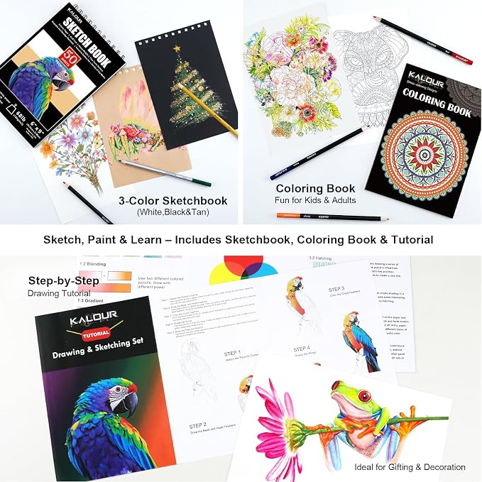 KALOUR PDAS 112 Drawing Set Sketching Kit, Pro Art Supplies with 3-Color Sketchbook & Coloring Book, Neon, Colored, Watercolor, Metallic, Graphite, Charcoal Pencils, Gift for Artists Adults Teens