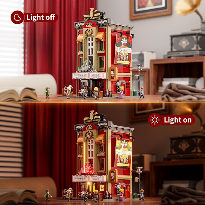 FUNWHOLE Balcony-Theatre Lighting Building-Bricks Set - City Town Creator House with LED Light Multi-Form Modular Collectible Display Kit 2445 Pcs for Adults and Movie Lovers