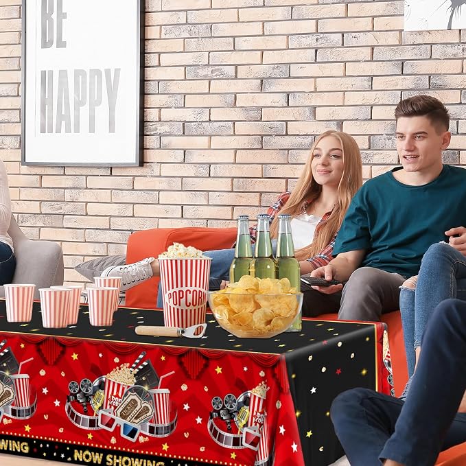 Movie Night Tablecloth,Movie Theme Hollywood Party Decoration 3Pcs Vintage Now Showing Popcorn Tablecloth Drive In Movie Party Table Cover for Movie Theater Party Favors ,Movie Star Birthday Supplies
