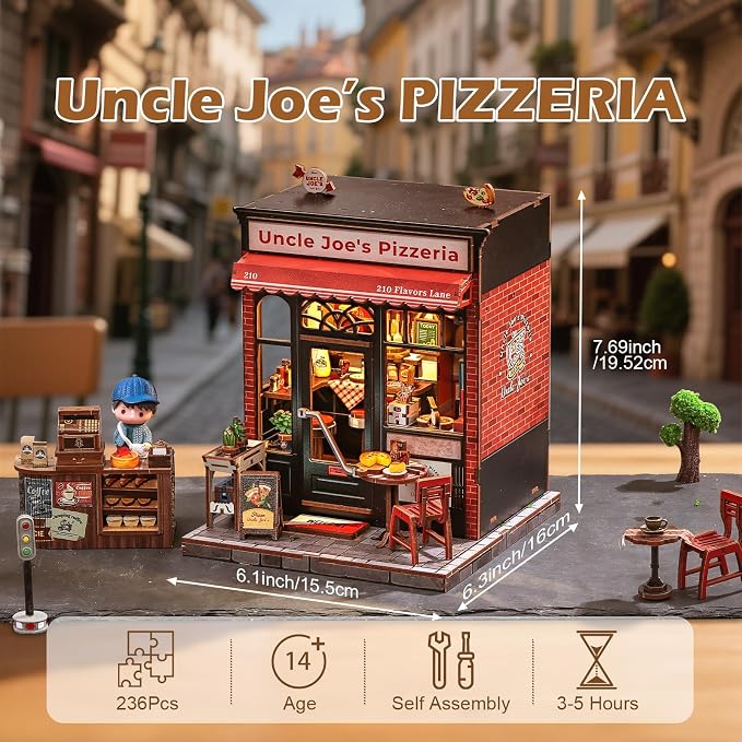 Fsolis Book Nook Kit - 3D Wooden Puzzles for Adults DIY Miniature House Kit Bookshelf Pizza Shop Diorama Gifts for Women Puzzle Lovers (Uncle Joe's Pizzeria)