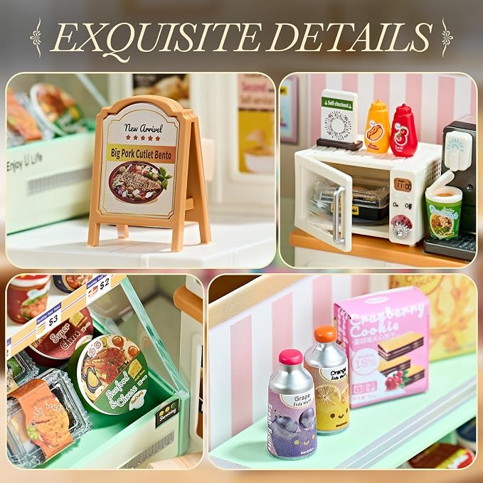 Miniature Convenience Store DIY Kit with Acrylic Display Case – Mini Market Dollhouse Scene, Tool-Free Craft Set for Teens, Adults & Beginners