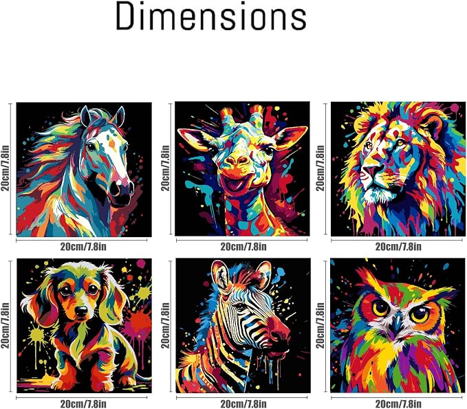 6 Pack Framed Paint by Numbers Kits for Beginners, Color Animal Paint by Number Kits for Kids Ages 4-8-12, DIY Horse Giraffe Lion Paint by Numbers on Canvas Children Paints by Number Kits 8x8Inch