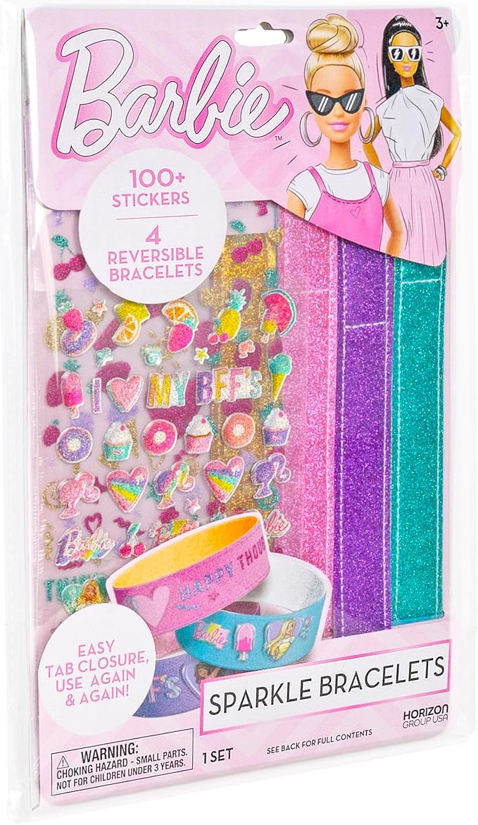 Barbie Sparkle Bracelet Making Kit, 4 Reversible Shimmery Bracelets, 100+ Traditional and Puffy Resin Stickers, DIY Friendship Jewelry, Girls Toys, Arts and Crafts for Kids Age 8-12, Gifts for Girls