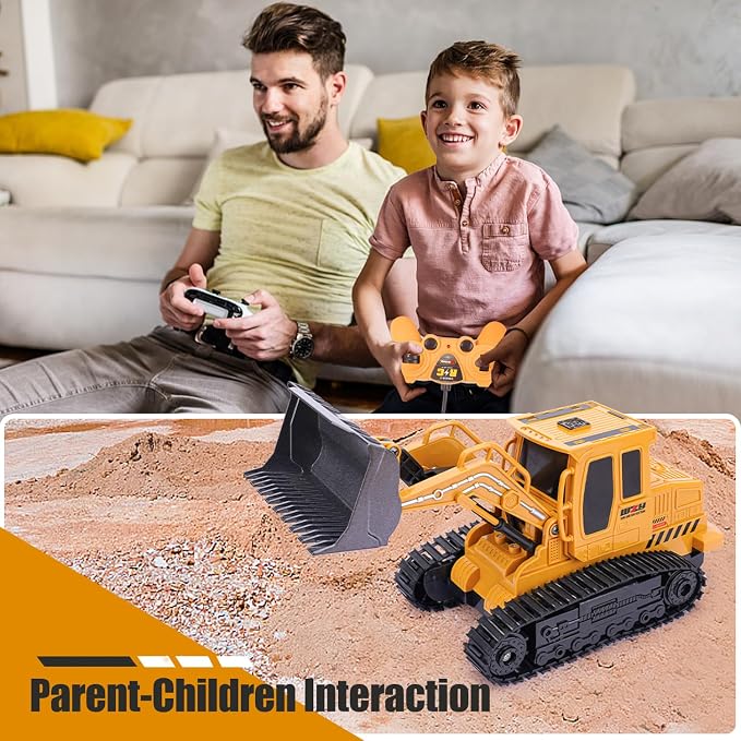 Jiakora Remote Control Front Loader - Metal Shovel, LED Working Lights, Music & 2 Rechargeable Batteries, Construction Toys for Boys Age 4 5 6 7 8 Birthday Gift