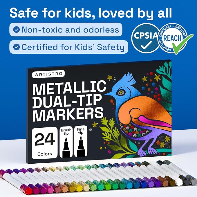 ARTISTRO 24 Metallic Dual-Tip Acrylic Paint Markers – Paint Pens Set with Dot & Fine Tips for Fabric, Rock, Glass, Wood, Coloring Books – Arts & Crafts Gift – Classroom Must Haves & School Supplies