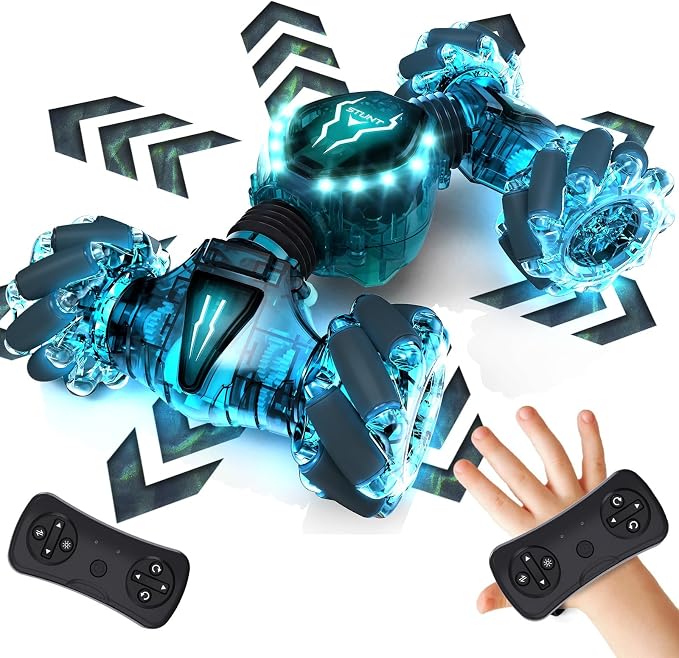 Tecnock Remote Control Car for Boys Girls, 2.4GHz 4WD Gesture Sensing RC Stunt Car Toys - 360° Rotating Double Sided Hand Controlled RC Cars with LED Lights, Gifts for Kids Ages 6-8, 8-12