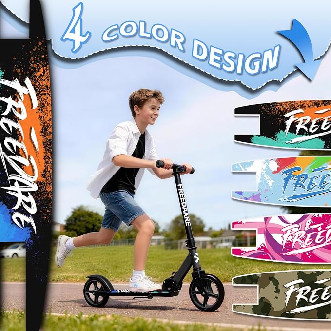 FREEDARE Kick Scooter for Kids & Adults Ages 8+, Foldable Teen Scooter with 2 Big 8-inch Wheels and 4-Level Adjustable Handlebar, Max Load 220 LBS