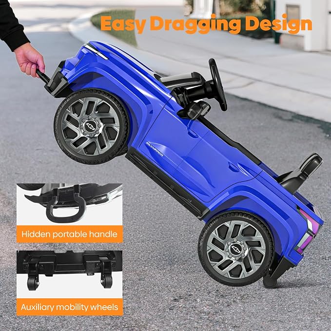 24V Ride On Toy, Licensed Chevrolet Silverado Vehicle for Kids, Birthday Gift Electric Cars with Remote Control for Toddlers, Wide Seat, Soft Start, 3 Speed, Music Player, Blue