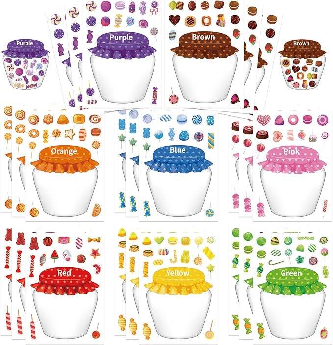 24 Sheets Candy Stickers Colorful, Make Your Own Sweets Jar Sticker for Kids, 8 Color Designs Candy Party Sweets Themed Dessert, Teacher Reward Decals for Home Classroom