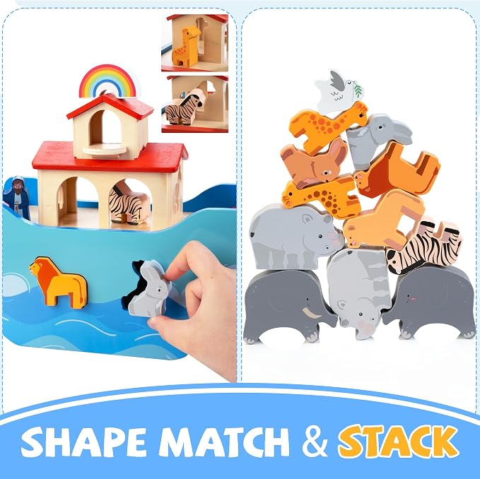 JUSTWOOD Wooden Noah's Ark Toy for Toddlers 1+ Years, Baptism Gift for Boys and Girls, Baby Montessori Educational Animal Shape Sorter Toy with Bible Story Book