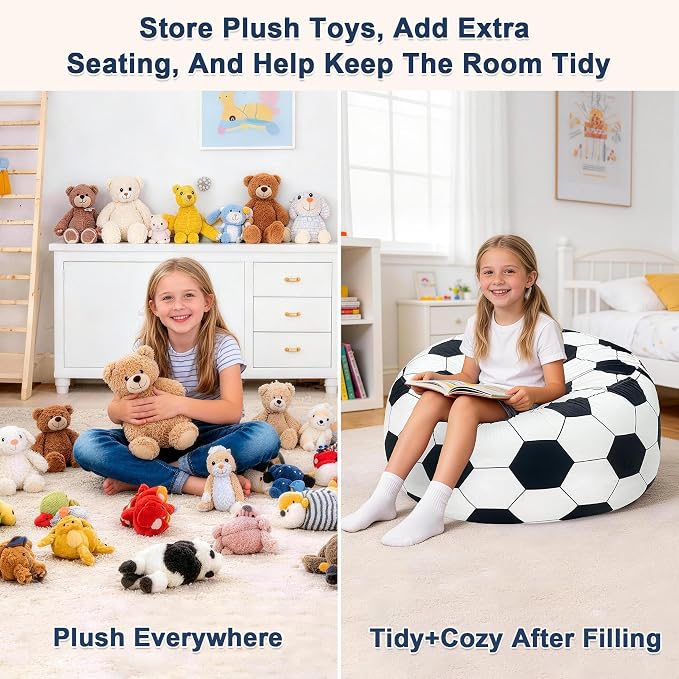 Lukeight Soccer Stuffed Animals Storage Bean Bag Chair Cover for Adult Teen, Cozy Velvet Plush Toy Organizer Seat, Cover Only, No Filling Included, Long YKK Zipper, Side Pocket, XXX-Large 42 x 23 in